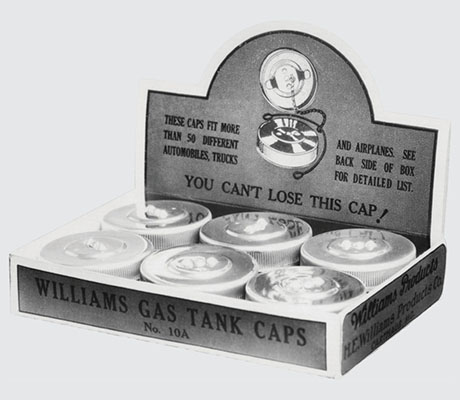 Williams gas tank caps, one of the original H.E. Williams inventions